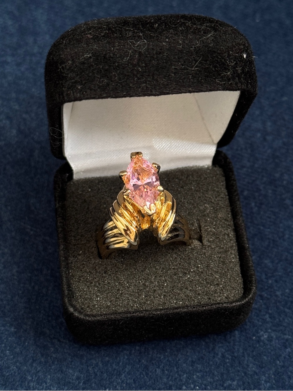 Stunning Gold Tone With Pink stone Cocktail Ring Size 7